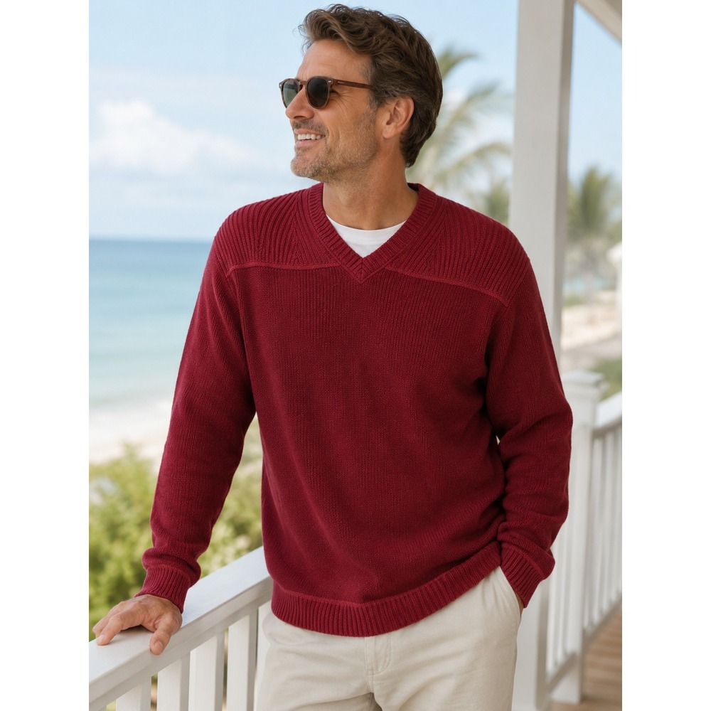 Tommy Bahama V Neck Sweater Mens M Red Pima Cotton Coastal Luxury Island Casual
